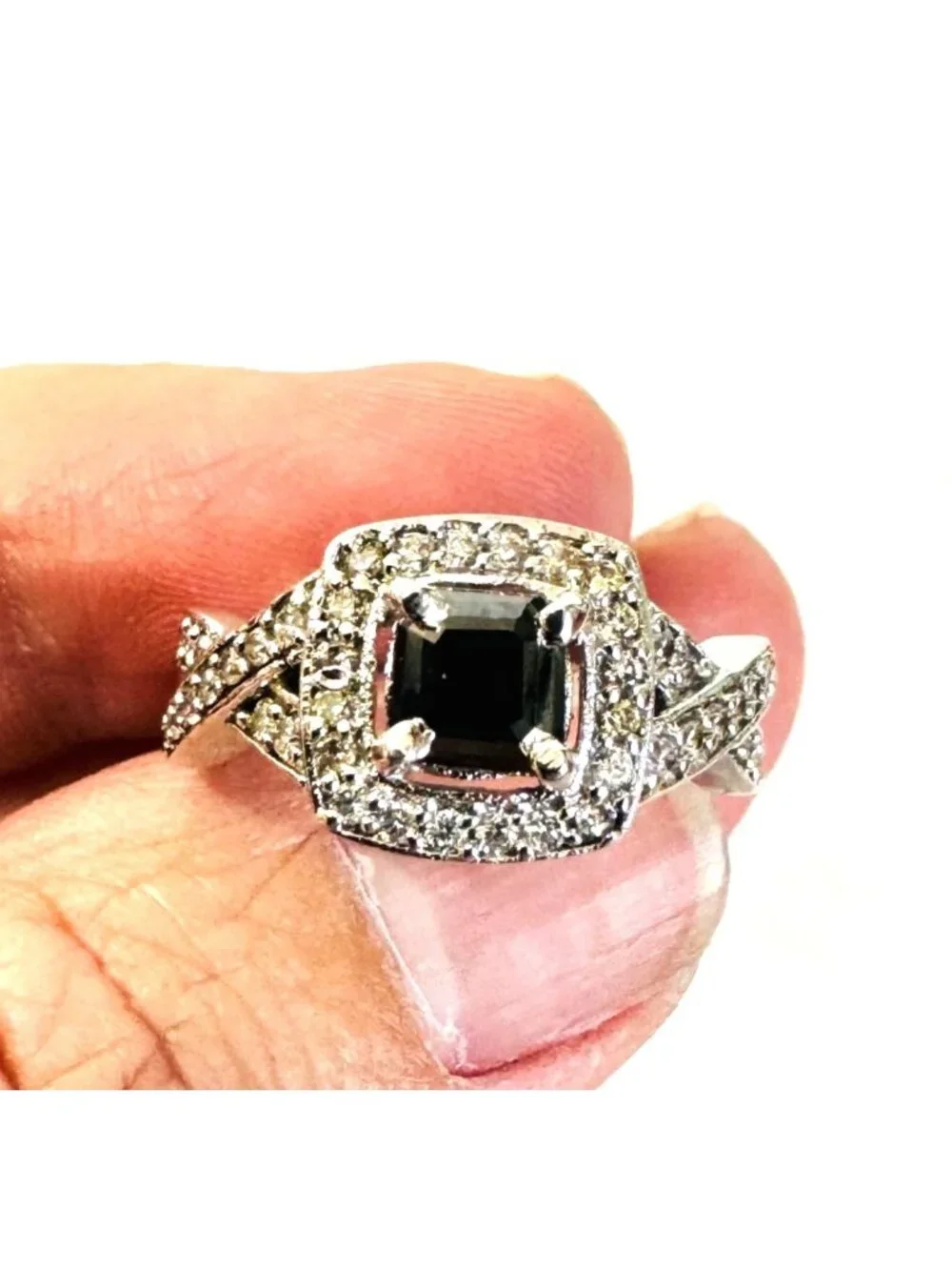 Dark Green Garnet Sterling Silver 925 CZ Halo Ring Twist Shoulders Size 7.25
